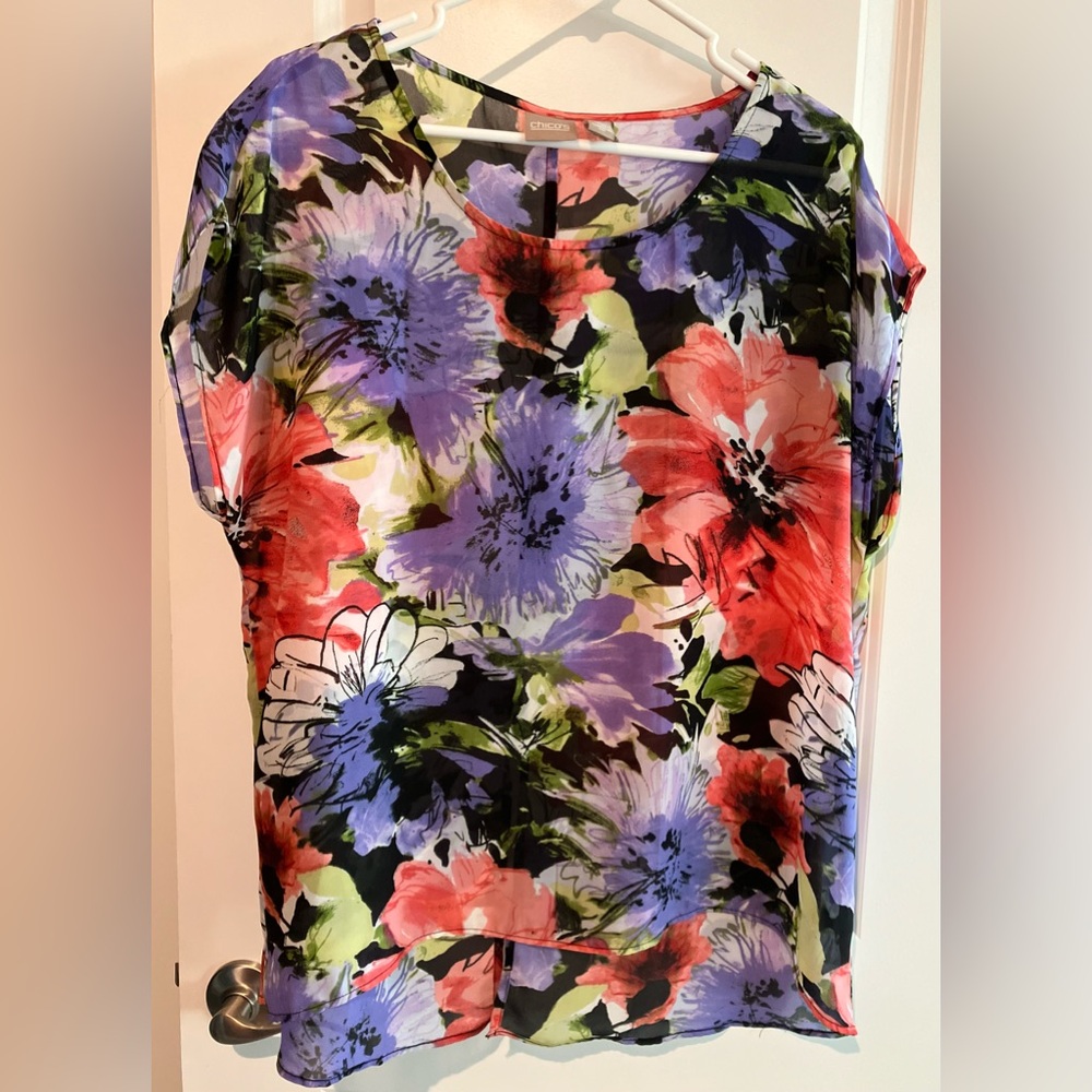Chico's Floral Sheer Pullover in Black, Purple, Red, Green